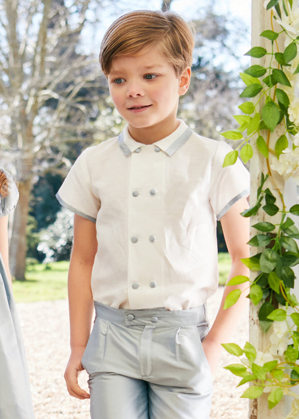 Linen Boys Celebration Shirt White with Blue Silk piping (3-10yrs) Shirts from Pepa London US