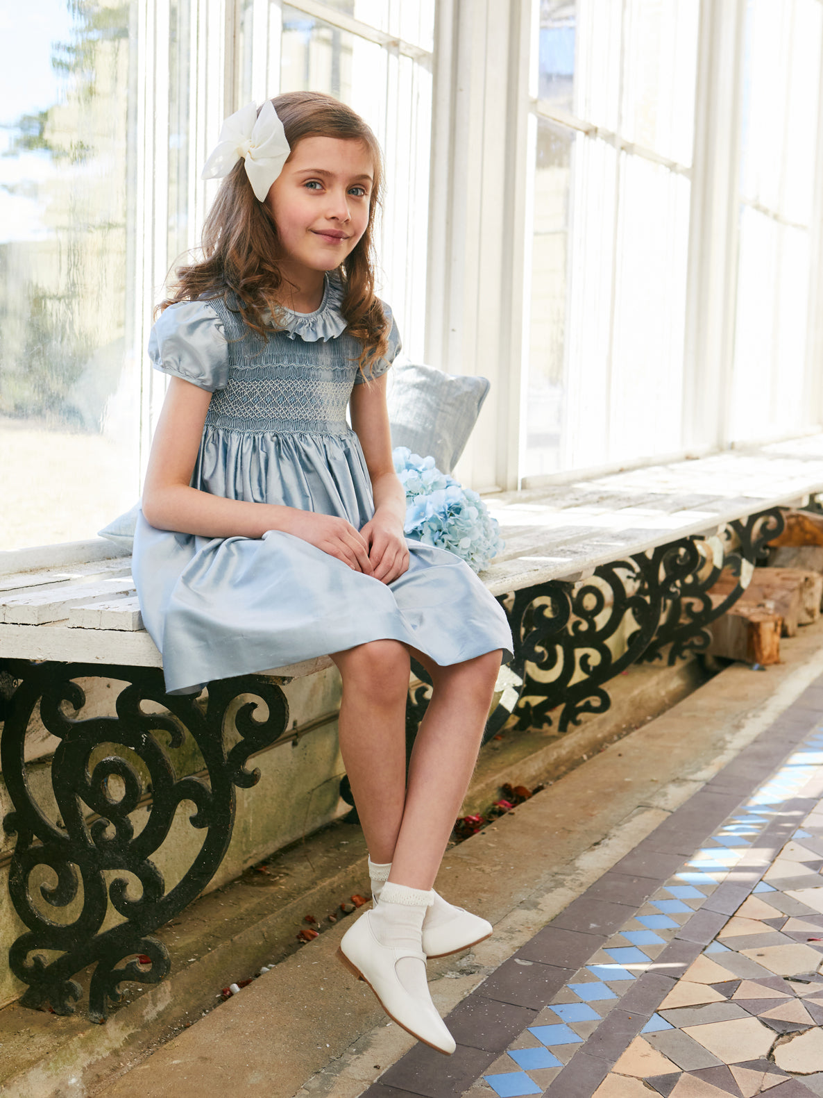 Girls Silk Hand Smocked Celebration Dress in Blue (6mths-10yrs) Dresses from Pepa London US