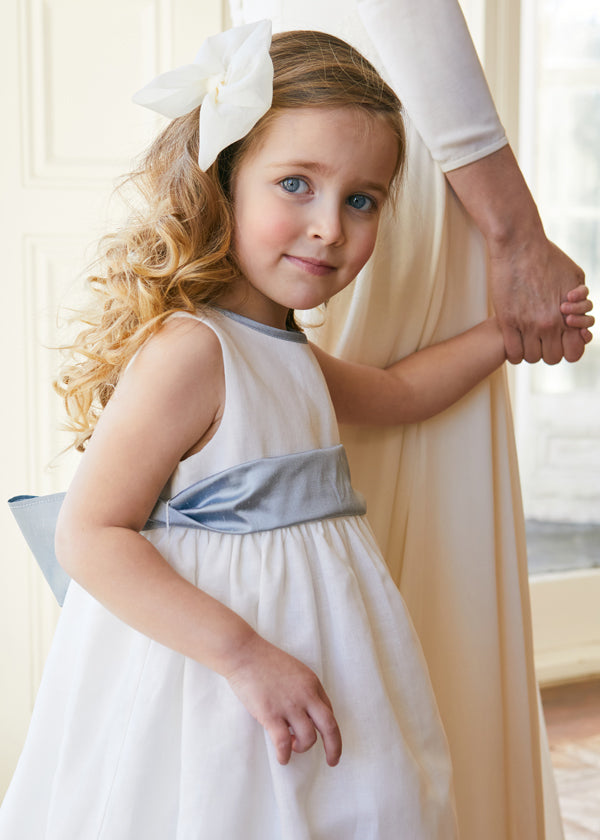 Sleeveless Ivory Flower Girl Dress with Blue Silk Sash (6mths-10yrs) Dresses from Pepa London US