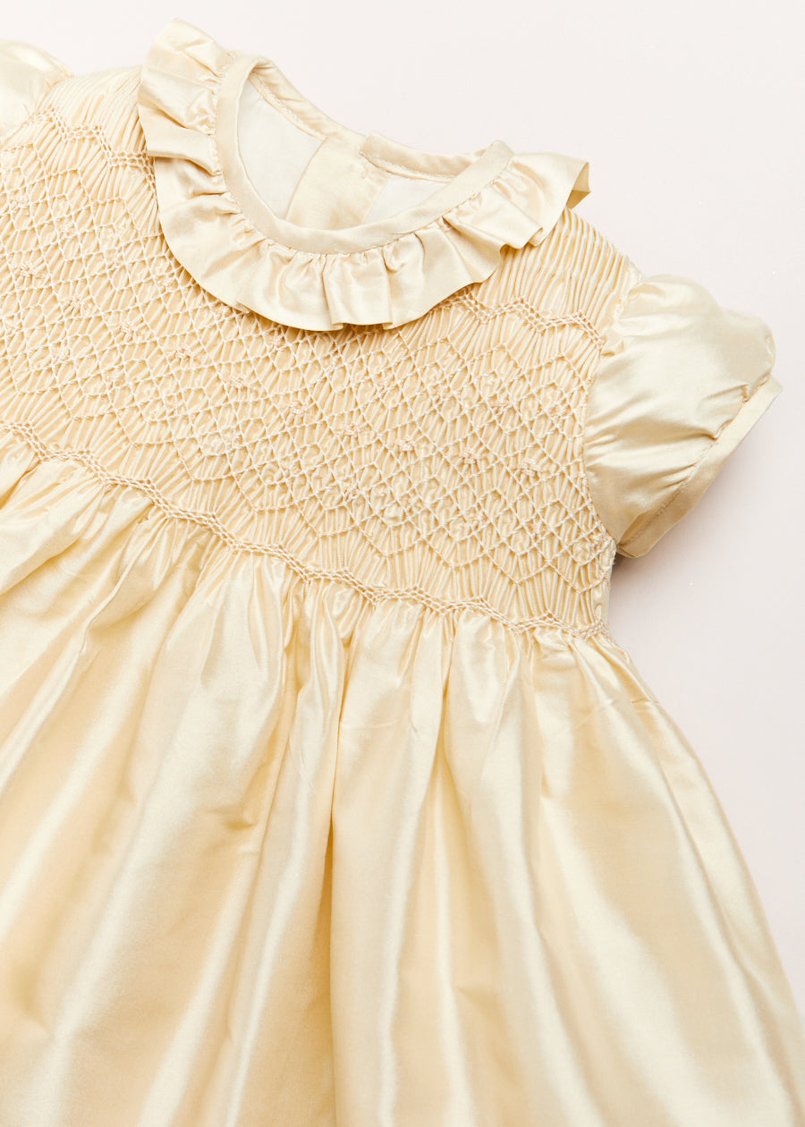 Girls Silk Hand Smocked Celebration Dress in Champagne (6mths-10yrs) DRESSES from Pepa London