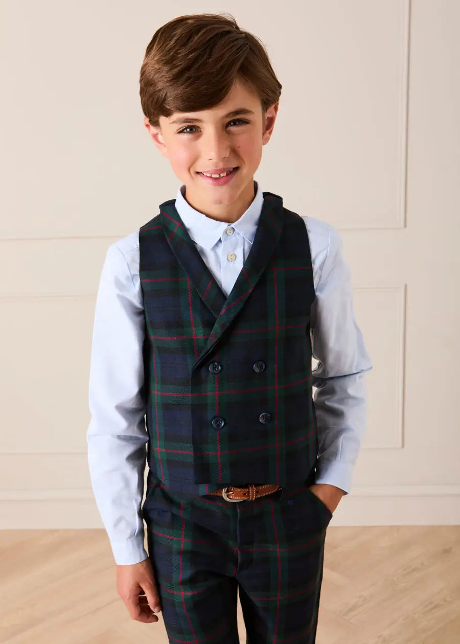 Kinnerton Tartan Double Breasted Waist Coat Vest in Green (4-10yrs) Coats from Pepa London US