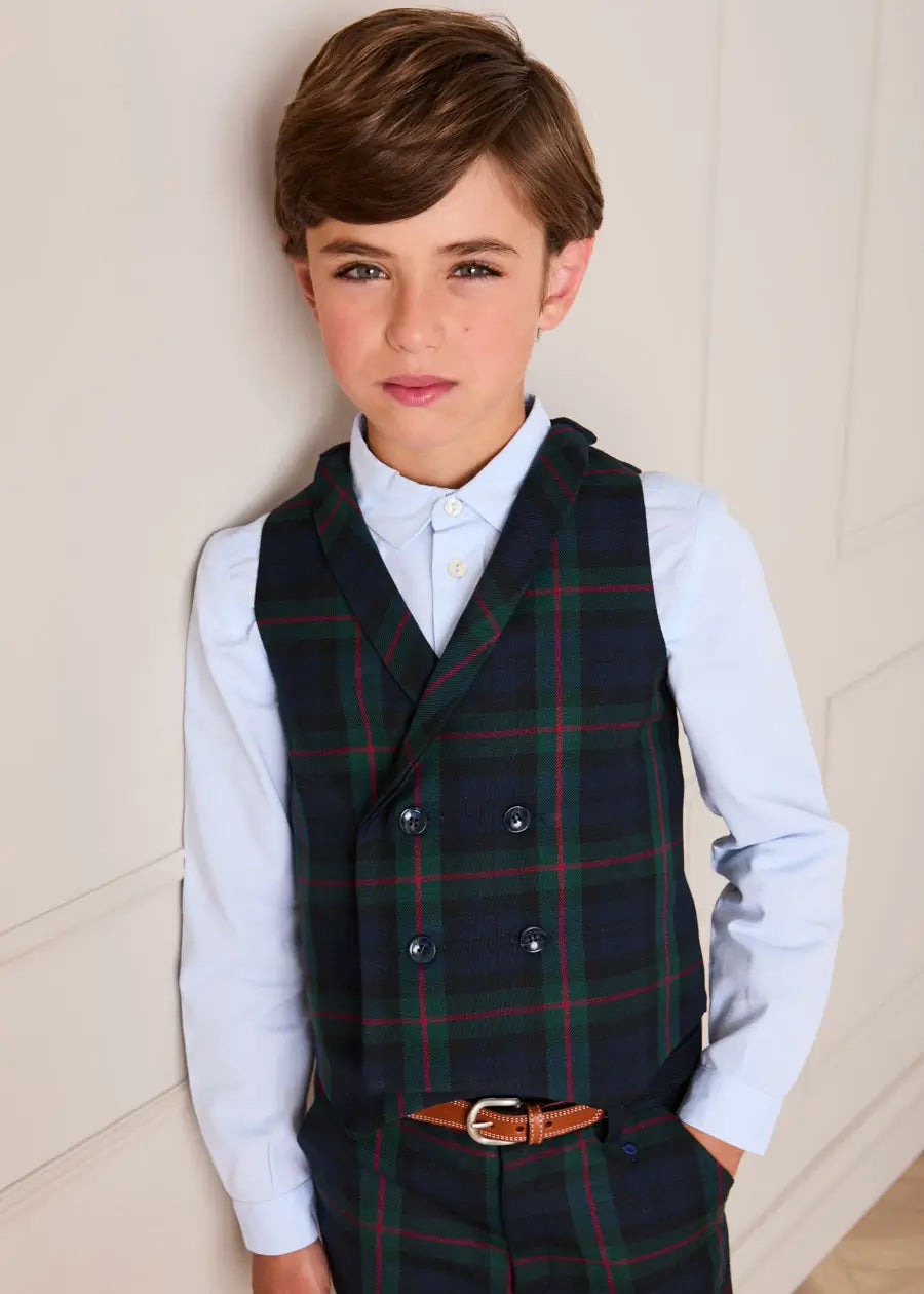 Kinnerton Tartan Double Breasted Waist Coat Vest in Green (4-10yrs) Coats from Pepa London US