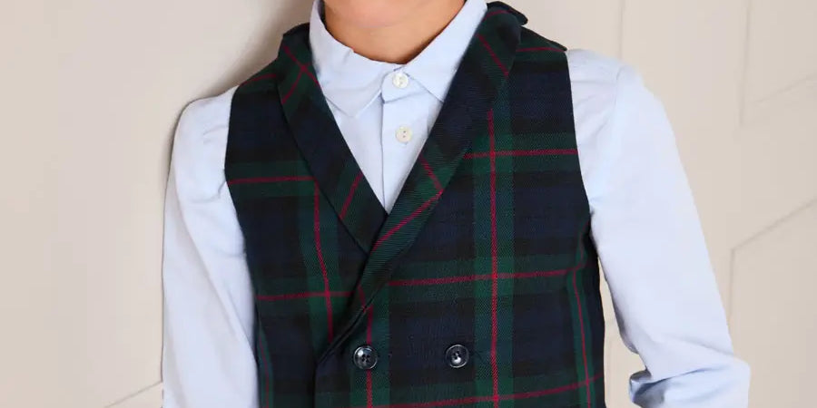 Kinnerton Tartan Double Breasted Waist Coat Vest in Green (4-10yrs) Coats from Pepa London US