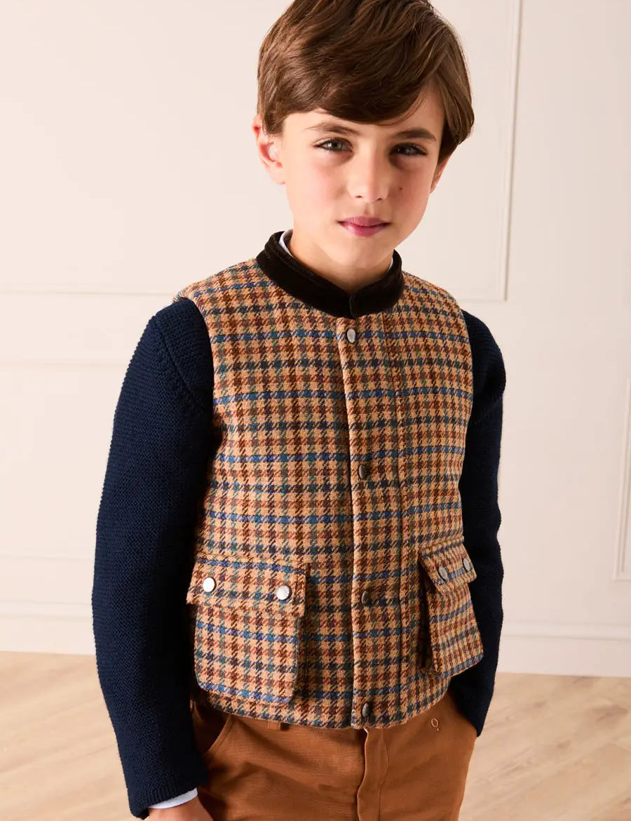 Vincent Check Velvet Collar Pocket Detail Vest Gillet in Brown (4-10yrs) Coats from Pepa London US