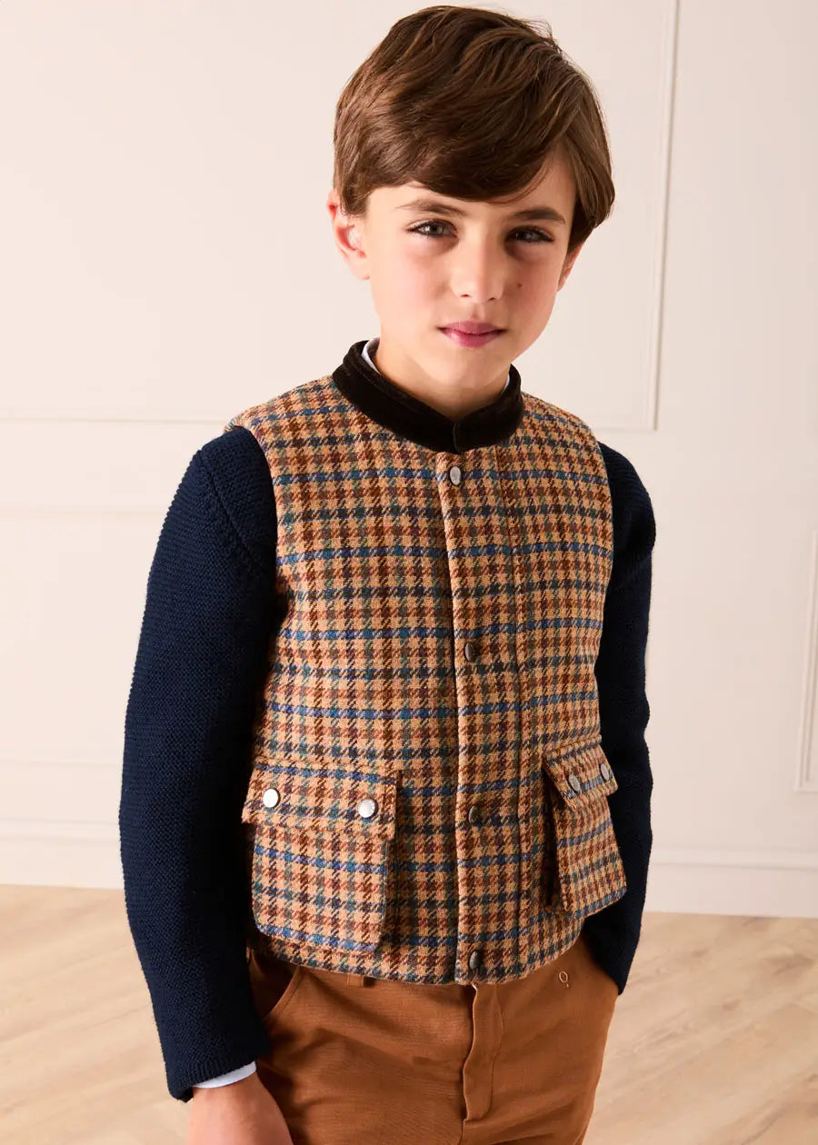 Vincent Check Velvet Collar Pocket Detail Vest Gillet in Brown (4-10yrs) Coats from Pepa London US