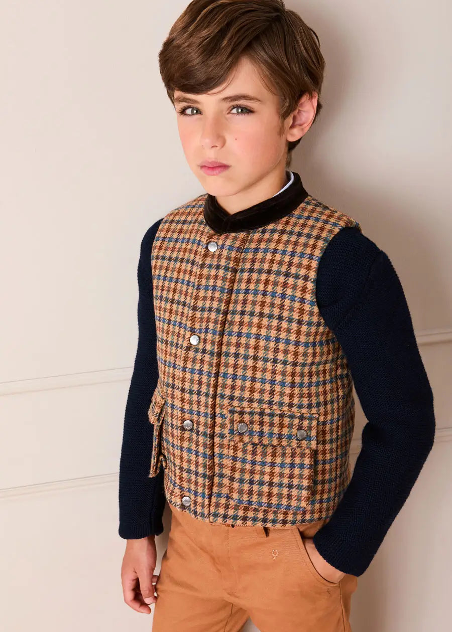 Vincent Check Velvet Collar Pocket Detail Vest Gillet in Brown (4-10yrs) Coats from Pepa London US