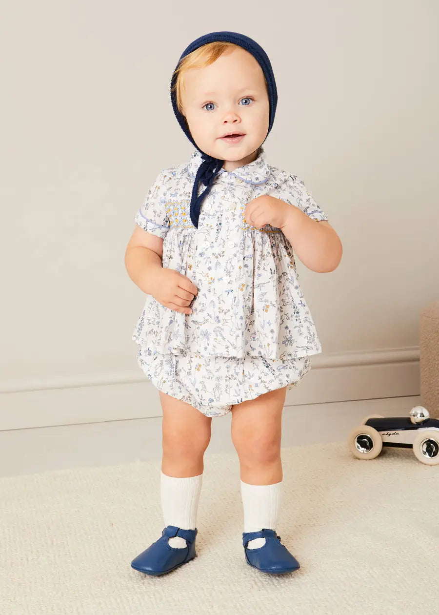 Ellis Liberty Print Hand Smocked Short Sleeve Shirt in Blue (6mths-4yrs) SHIRTS from Pepa London