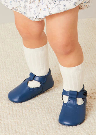 Leather T-Bar Pram Shoes in Classic Blue (17-20EU) Shoes from Pepa London
