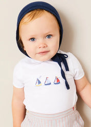 Embroidered Boat Motif Peter Pan Collar Bodysuit in White (1mth-3yrs) Tops & Bodysuits from Pepa London US