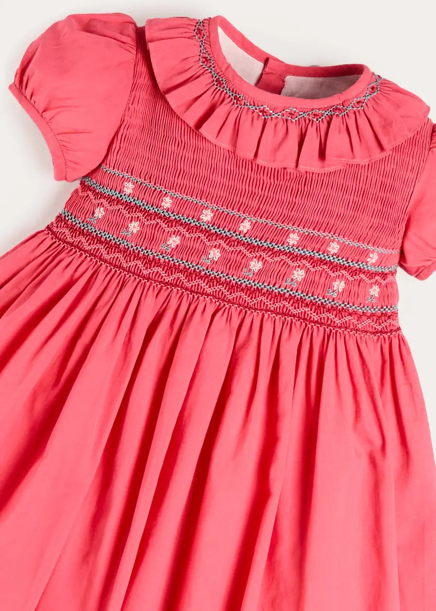 Hand Smocked Flower Embroidered Dress in Strawberry (12mths- 10yrs) DRESSES from Pepa London US