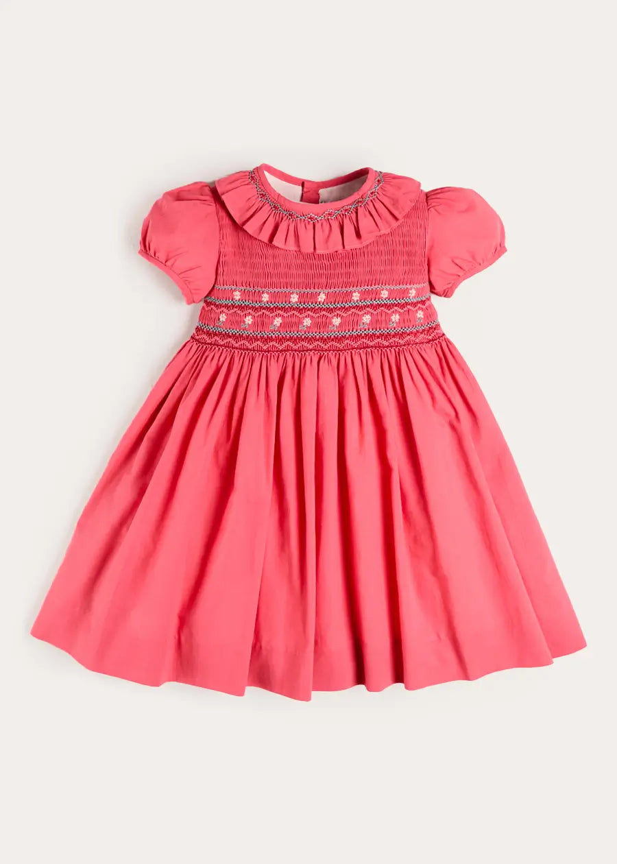 Hand Smocked Flower Embroidered Dress in Strawberry (12mths- 10yrs) DRESSES from Pepa London US