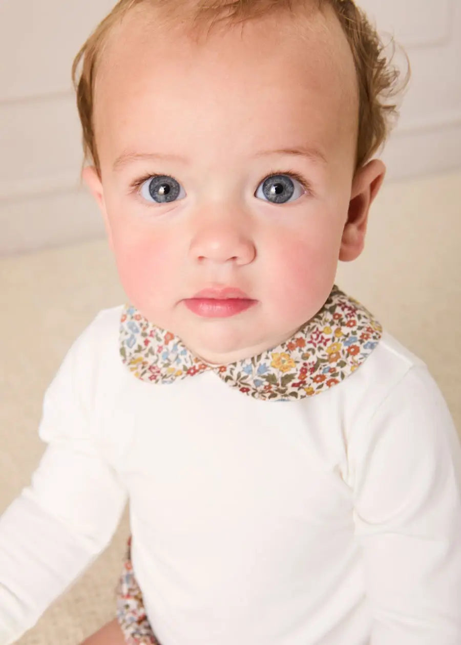Marianne Floral Collar Long Sleeve Bodysuit in Toffee Made with Liberty Fabric (1mth-3yrs) Tops & Bodysuits from Pepa London US