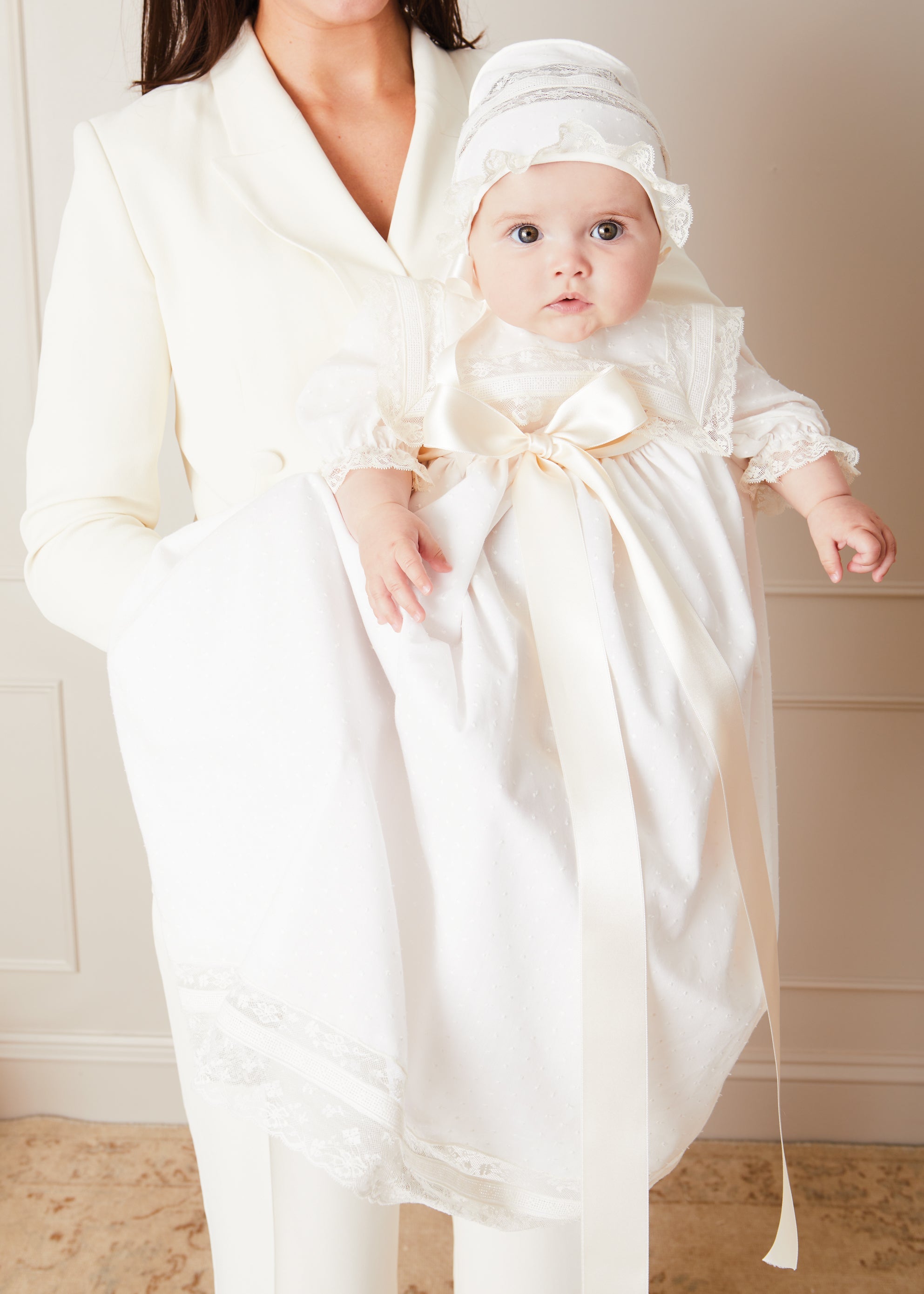 Bespoke Traditional Christening Gown with Front Satin Sash and Bonnet MADE TO ORDER from Pepa London US