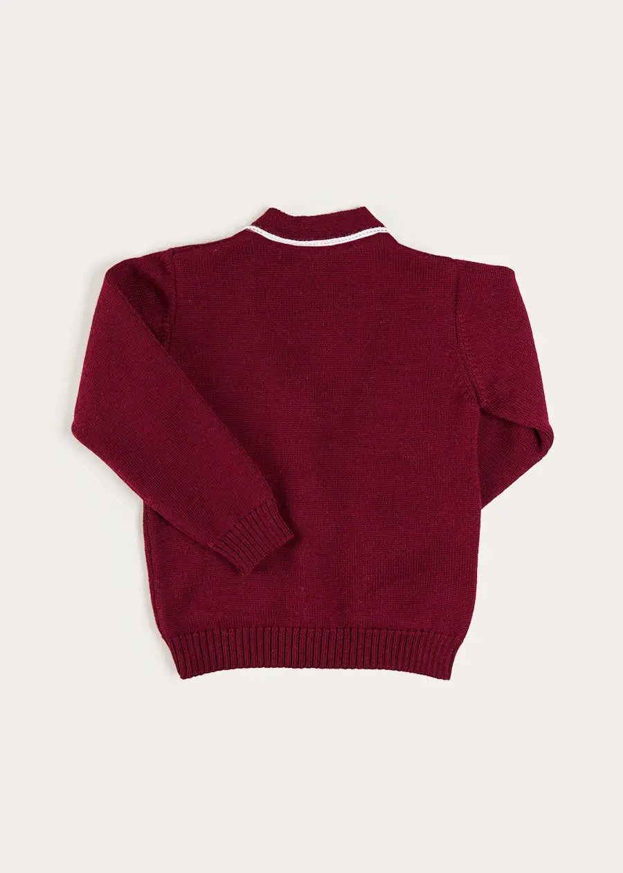Apple Crest Pocket Detail with White Trim Cardigan in Burgundy (3-10yrs) Knitwear from Pepa London US