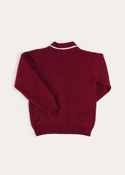 Apple Crest Pocket Detail with White Trim Cardigan in Burgundy (3-10yrs) Knitwear from Pepa London US