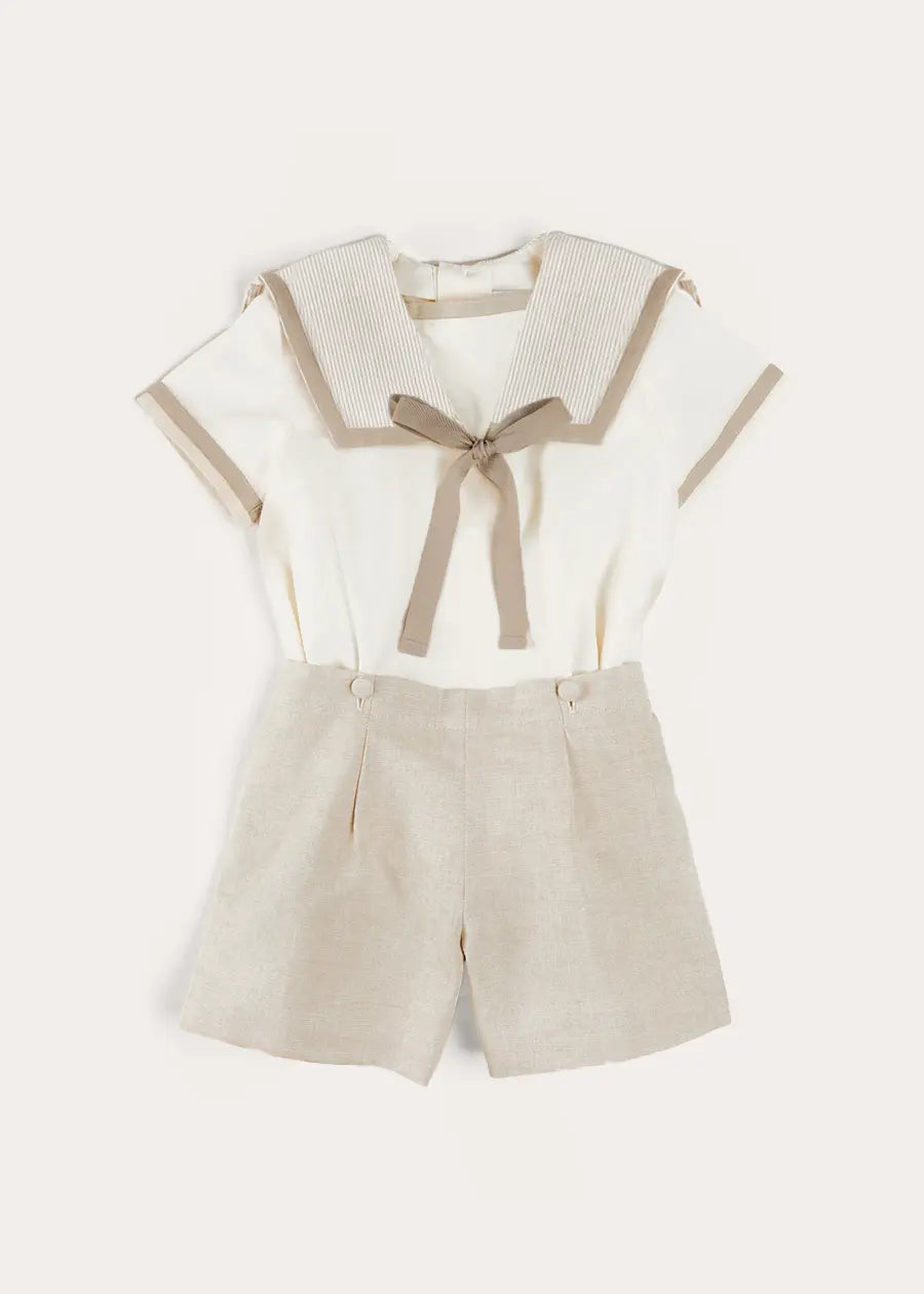 Waterford Stripe Mariner Collar Short Sleeve Two Piece Set in Beige (12mths-6yrs) TWO PIECE SETS from Pepa London US