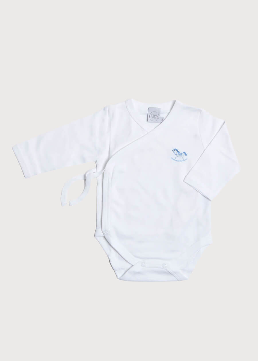 Old Newborn Side Tie Bodysuit With Rocking Horse Embroidery Blue (0-3mths) Tops & Bodysuits  from Pepa London US