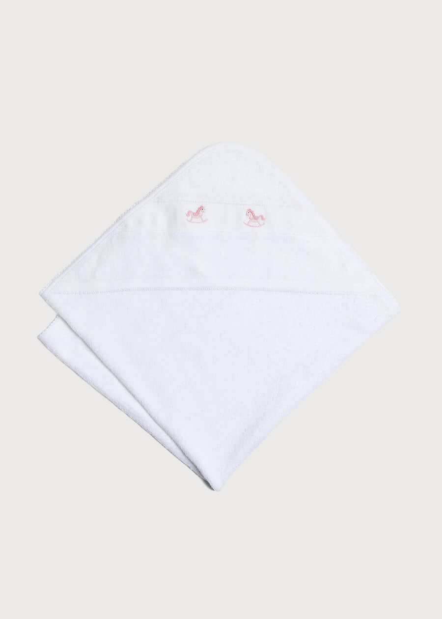 Newborn Towel with Rocking Horse Embroidery In Pink KNITTED ACCESSORIES from Pepa London