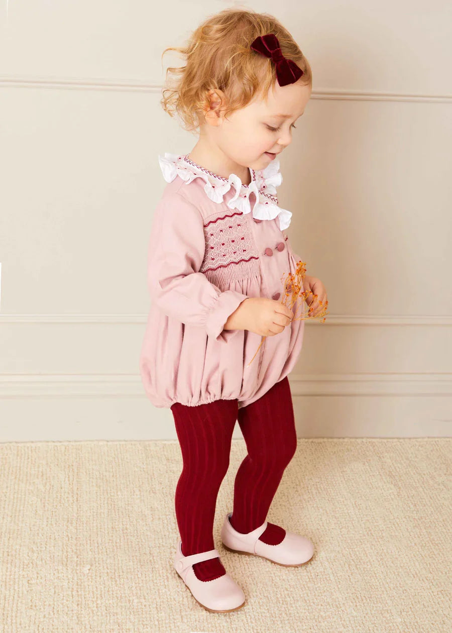 Hand Smocked Double Breasted Long Sleeve Romper in Pink (6mths-2yrs) Rompers from Pepa London US