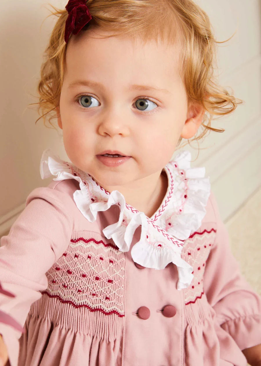 Hand Smocked Double Breasted Long Sleeve Romper in Pink (6mths-2yrs) Rompers from Pepa London US