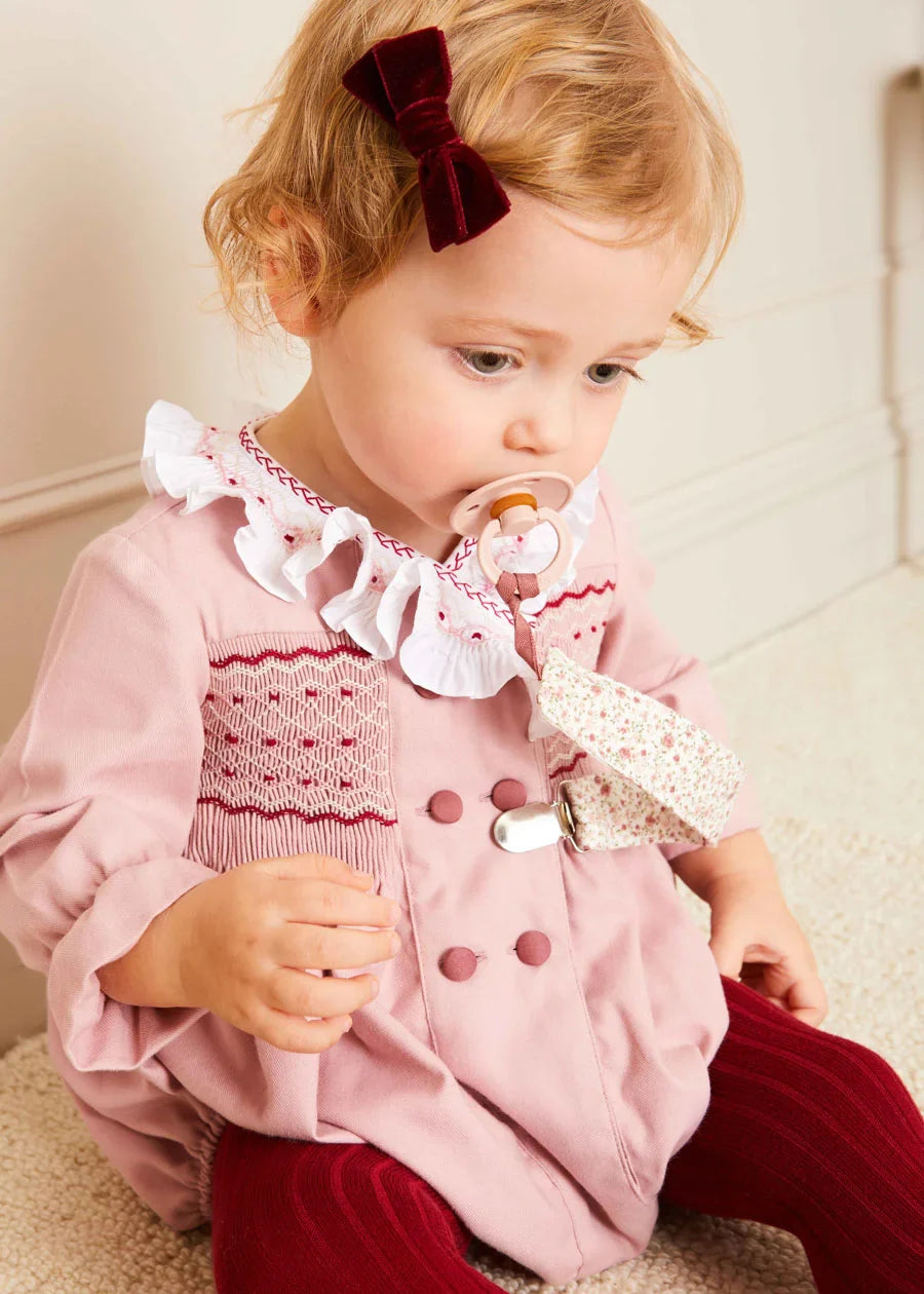 Hand Smocked Double Breasted Long Sleeve Romper in Pink (6mths-2yrs) Rompers from Pepa London US