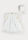 Bespoke Organic Cotton Dress With Shoulder Ribbons and Bonnet Made to order  from Pepa London US