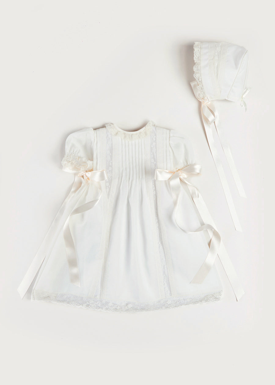 Bespoke Organic Cotton Dress With Shoulder Ribbons and Bonnet Made to order  from Pepa London US