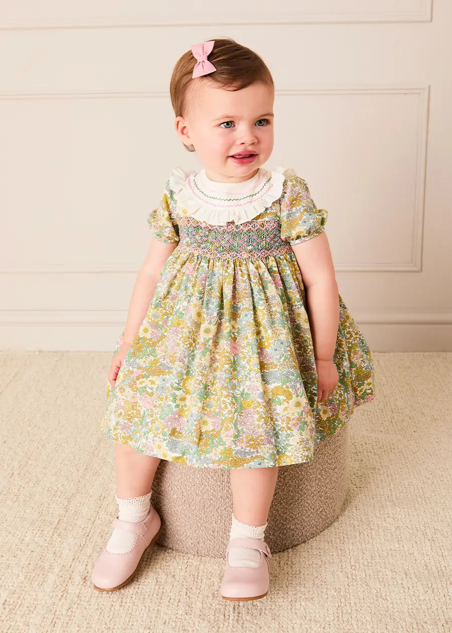 Charlotte Floral Hand Smocked Embroidered Collar Short Sleeve Dress With Bloomers in Green (6mths-3yrs) Dresses from Pepa London US