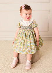 Charlotte Floral Hand Smocked Embroidered Collar Short Sleeve Dress With Bloomers in Green (6mths-3yrs) Dresses from Pepa London US