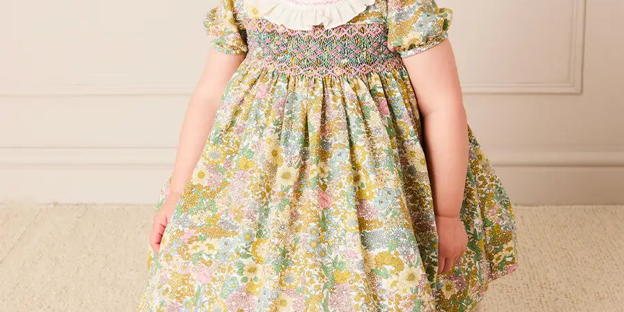 Charlotte Floral Hand Smocked Embroidered Collar Short Sleeve Dress With Bloomers in Green (6mths-3yrs) Dresses from Pepa London US