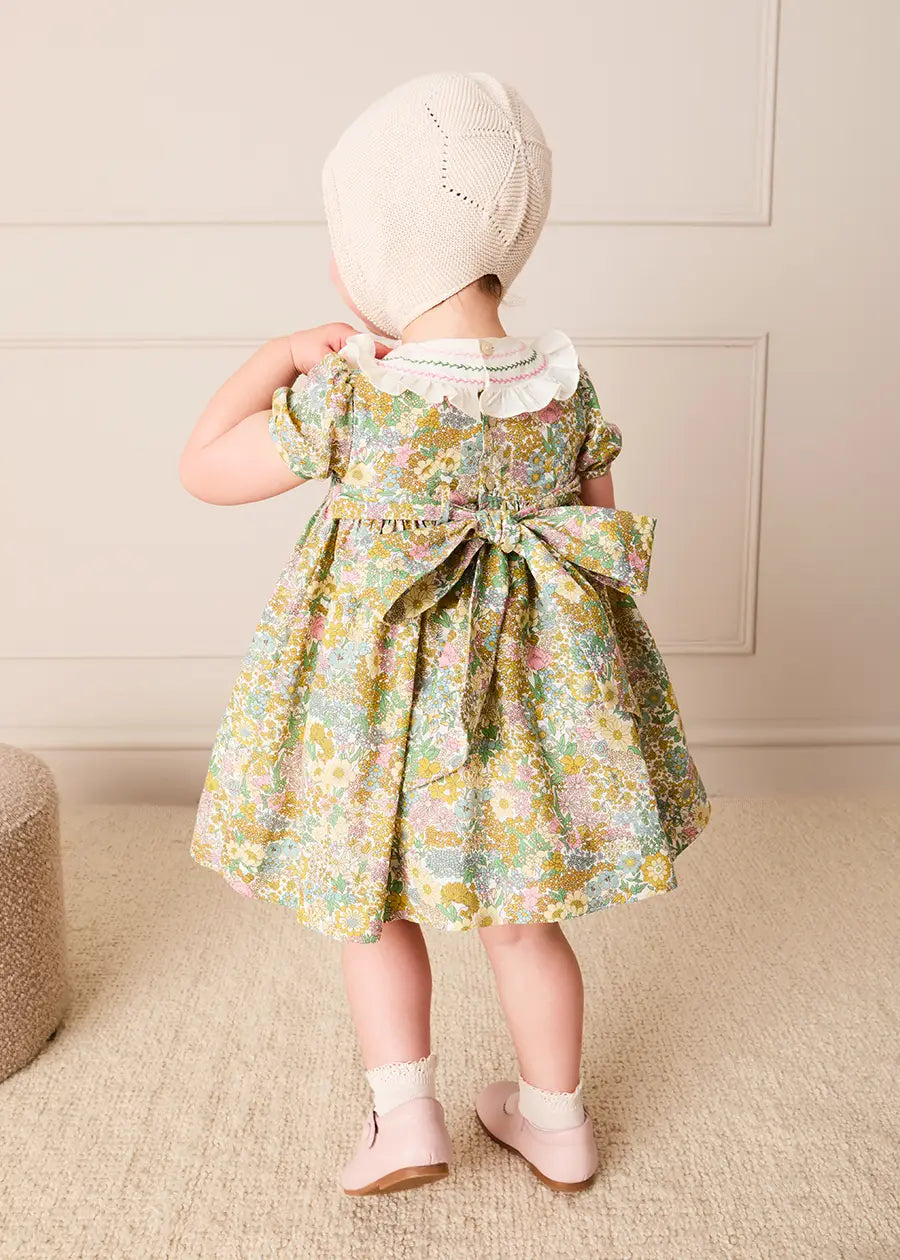 Charlotte Floral Hand Smocked Embroidered Collar Short Sleeve Dress With Bloomers in Green (6mths-3yrs) Dresses from Pepa London US