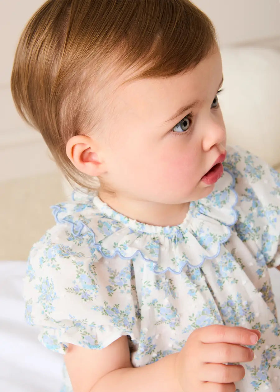 Esme Floral Swiss Voile Scallop Detail All-In-One Pyjamas in Blue (9mths-2yrs) NIGHTWEAR from Pepa London US