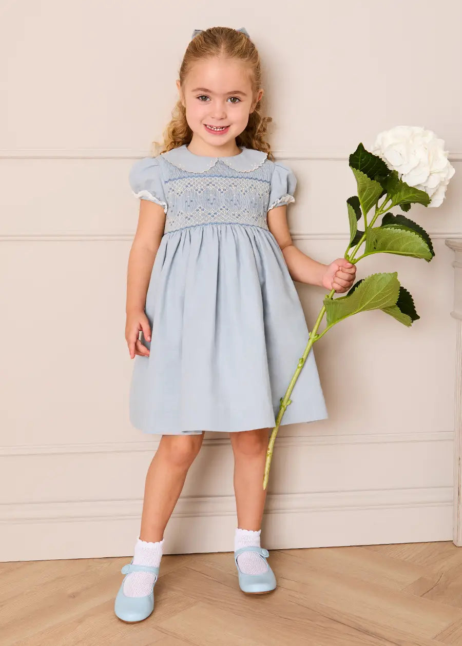 Hand Smocked Peter Pan Collar Short Sleeve Dress in Sky Blue (12mths-10yrs) Dresses from Pepa London US