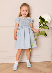 Hand Smocked Peter Pan Collar Short Sleeve Dress in Sky Blue (12mths-10yrs) Dresses from Pepa London US