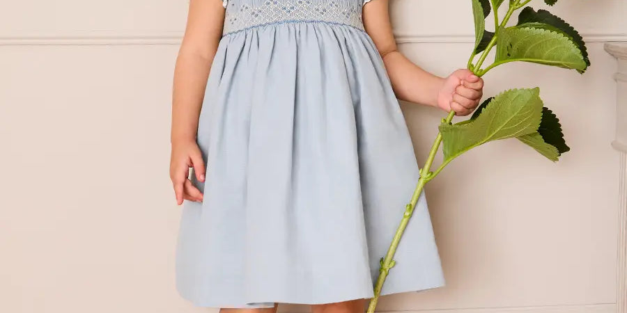 Hand Smocked Peter Pan Collar Short Sleeve Dress in Sky Blue (12mths-10yrs) DRESSES from Pepa London US