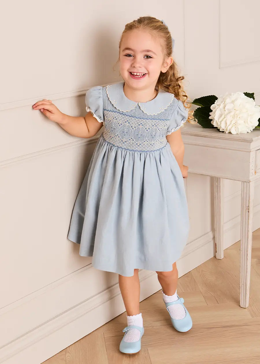 Hand Smocked Peter Pan Collar Short Sleeve Dress in Sky Blue (12mths-10yrs) Dresses from Pepa London US