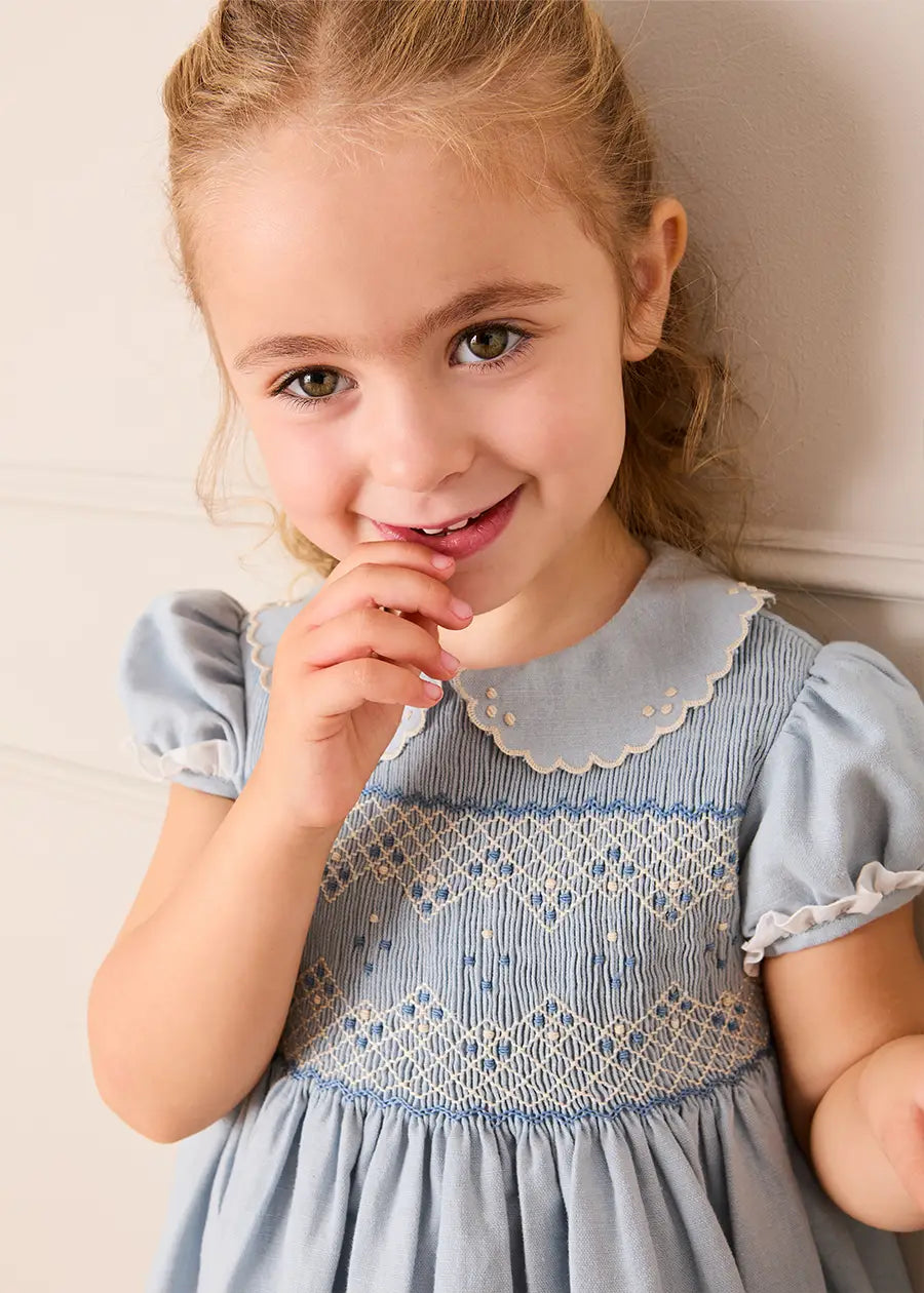 Hand Smocked Peter Pan Collar Short Sleeve Dress in Sky Blue (12mths-10yrs) Dresses from Pepa London US