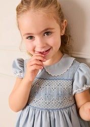 Hand Smocked Peter Pan Collar Short Sleeve Dress in Sky Blue (12mths-10yrs) Dresses from Pepa London US