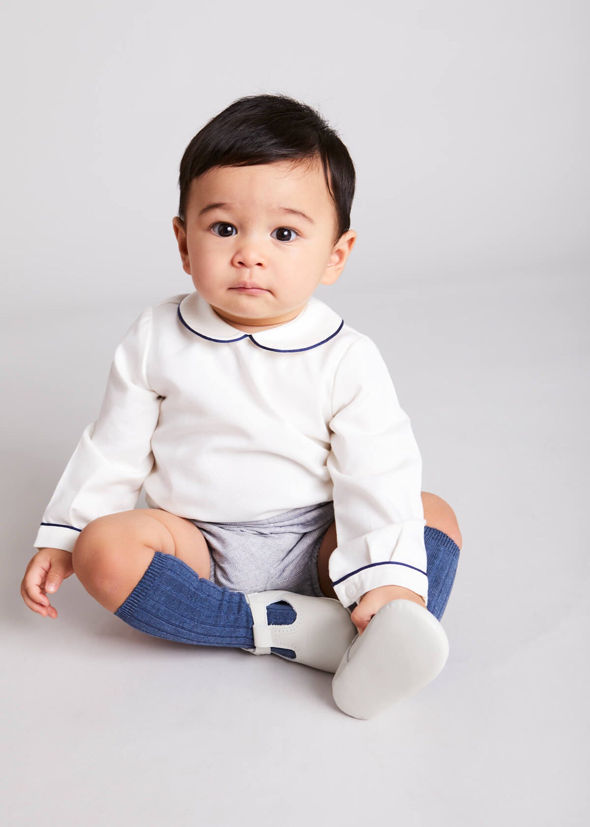 Herringbone Peter Pan Collar Long Sleeve Two Piece Set in Blue (6mths-2yrs) Sets  from Pepa London US