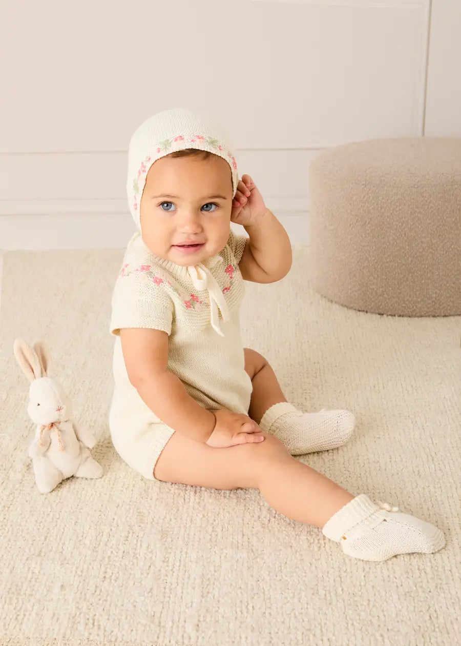 Wildflower Embroidered Knitted Romper in Cream (1-9mths) Rompers from Pepa London US