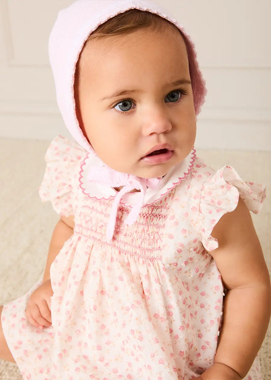 Martha Floral Hand Smocked Cap Sleeve Scallop Collar Dress in Pink (1-9mths) Dresses from Pepa London