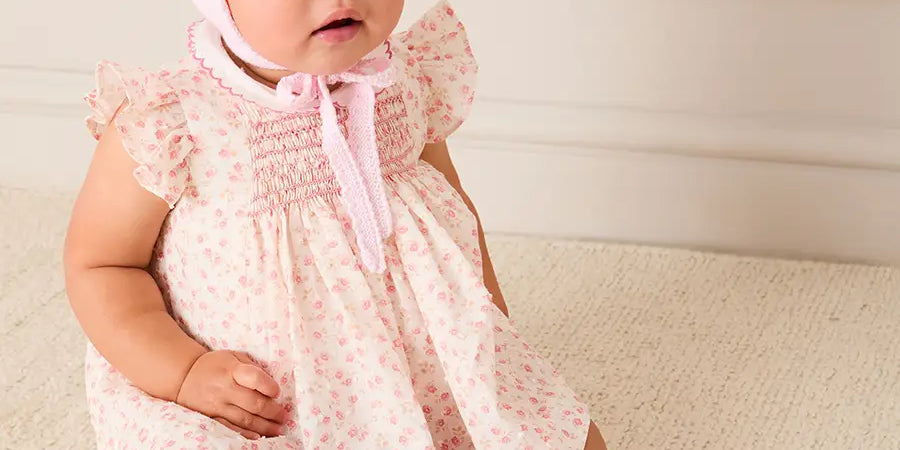 Martha Floral Hand Smocked Cap Sleeve Scallop Collar Dress in Pink (1-9mths) Dresses from Pepa London US