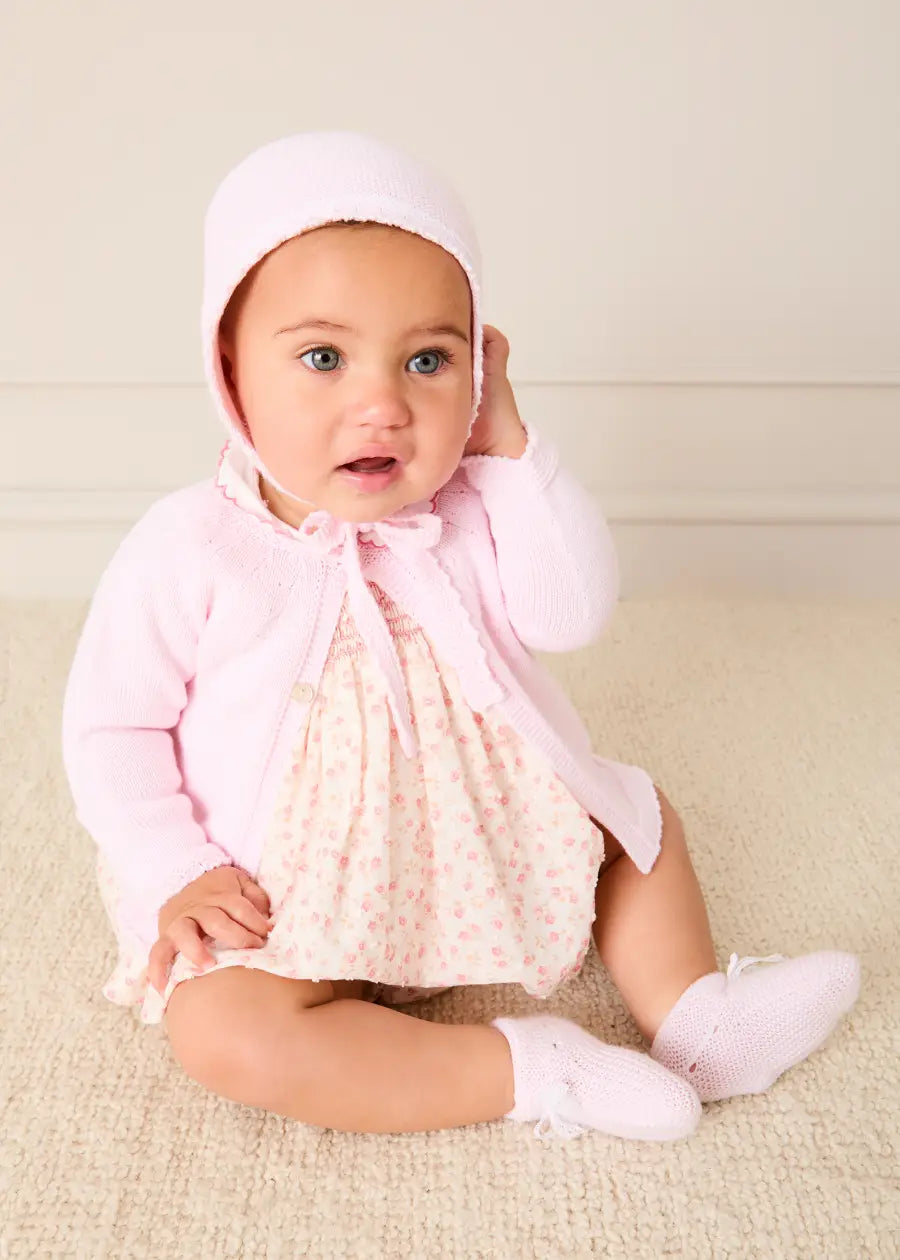 Martha Floral Hand Smocked Cap Sleeve Scallop Collar Dress in Pink (1-9mths) Dresses from Pepa London