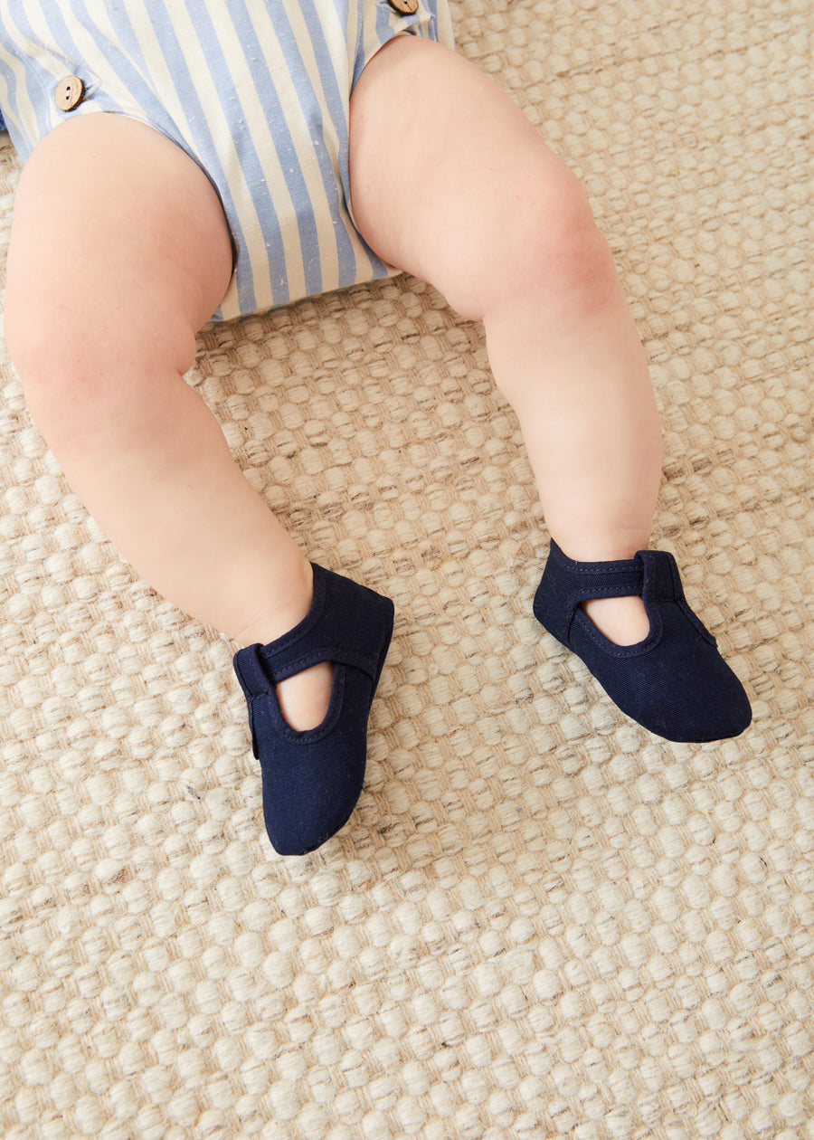 Woven T-Bar Pram Shoes in Navy (17-20EU) SHOES from Pepa London US