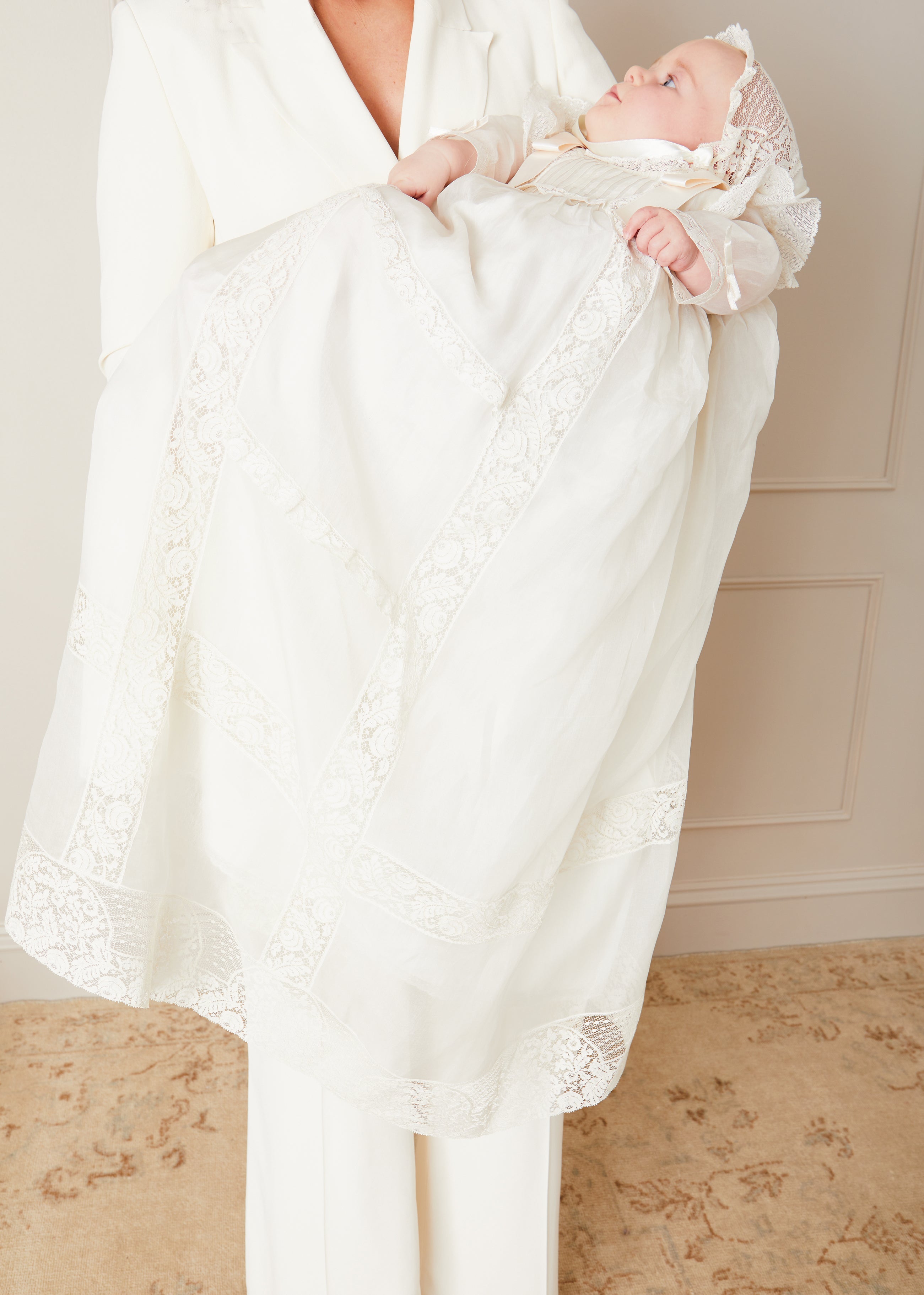 Bespoke Organza Silk Christening Gown With Antique Lace and Bonnet MADE TO ORDER from Pepa London US