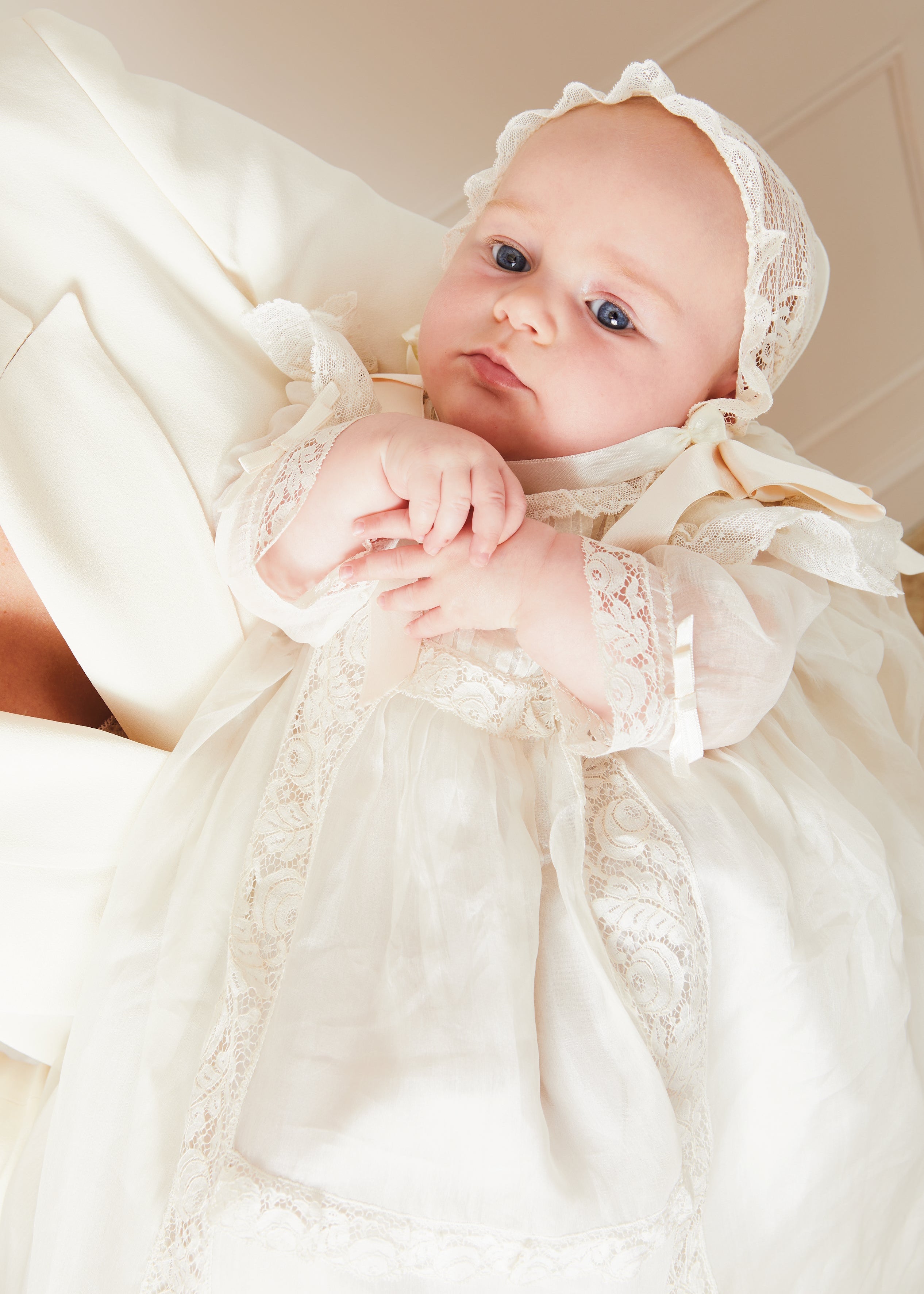 Bespoke Organza Silk Christening Gown With Antique Lace and Bonnet MADE TO ORDER from Pepa London US
