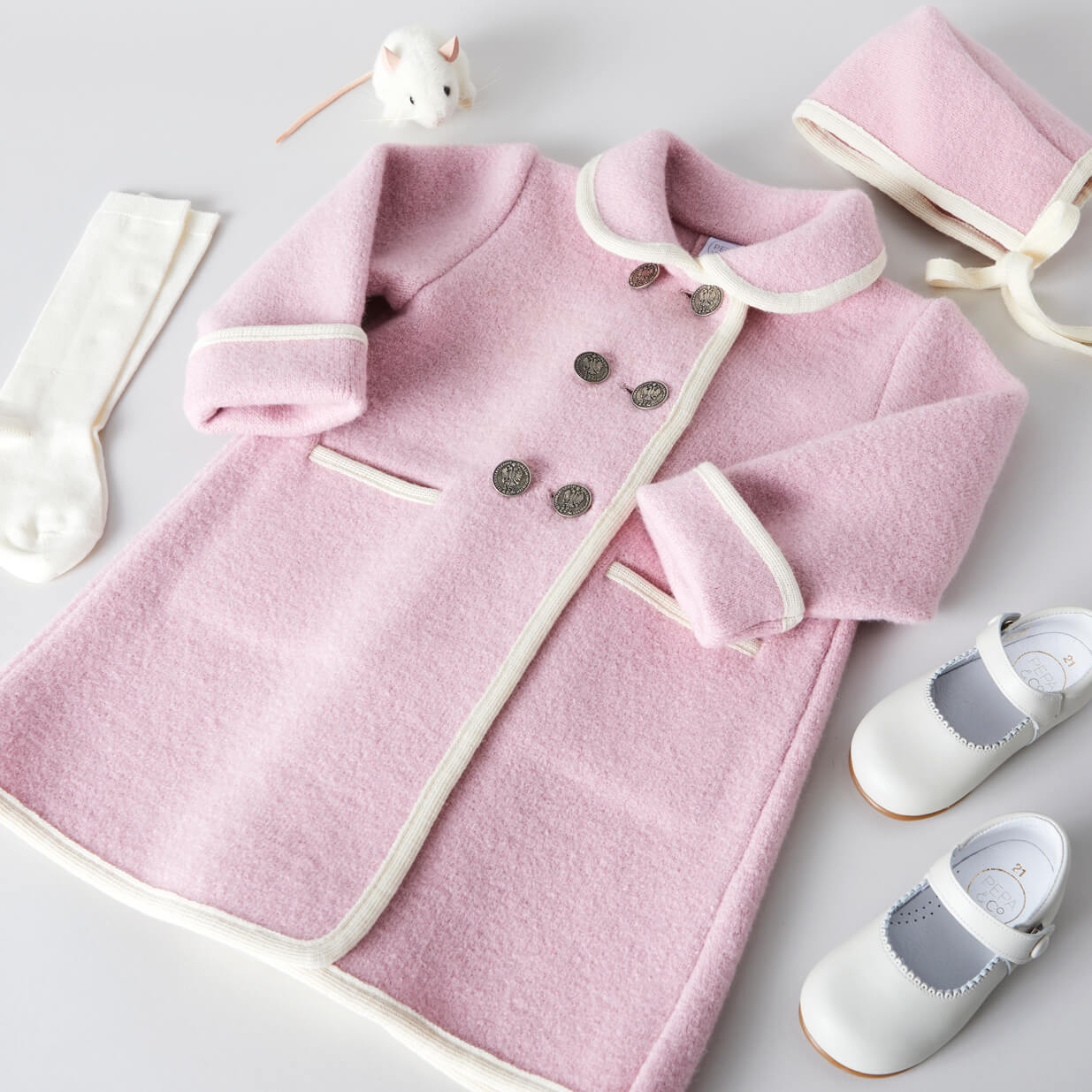 Austrian Double Breasted White Trim Baby Coat in Baby Pink (6mths-4yrs) Coats from Pepa London US