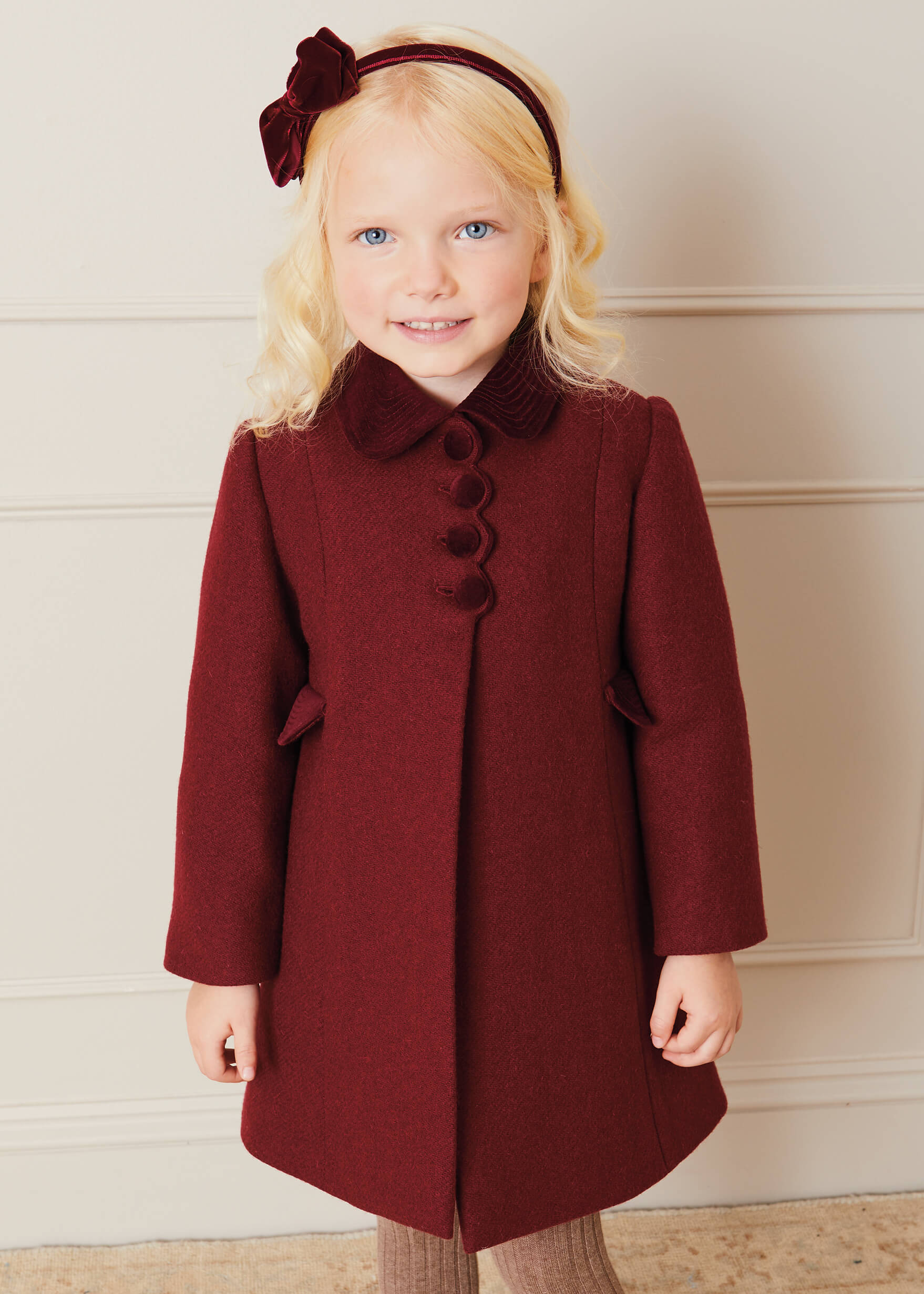 Single Breasted Scallop Detail Coat In Burgundy | Pepa London