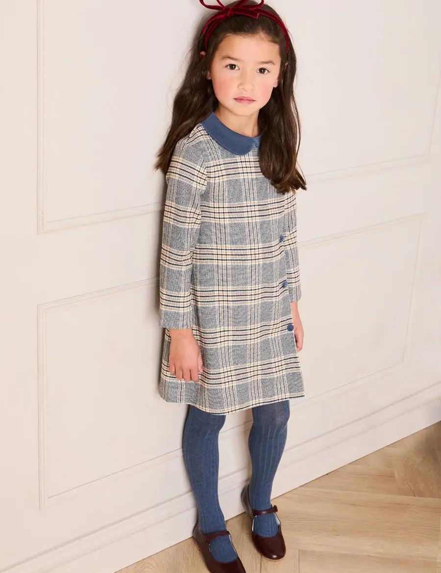 Walcott Check Long Sleeve Velvet Collar Dress in Navy (18mths-12yrs) Dresses from Pepa London US