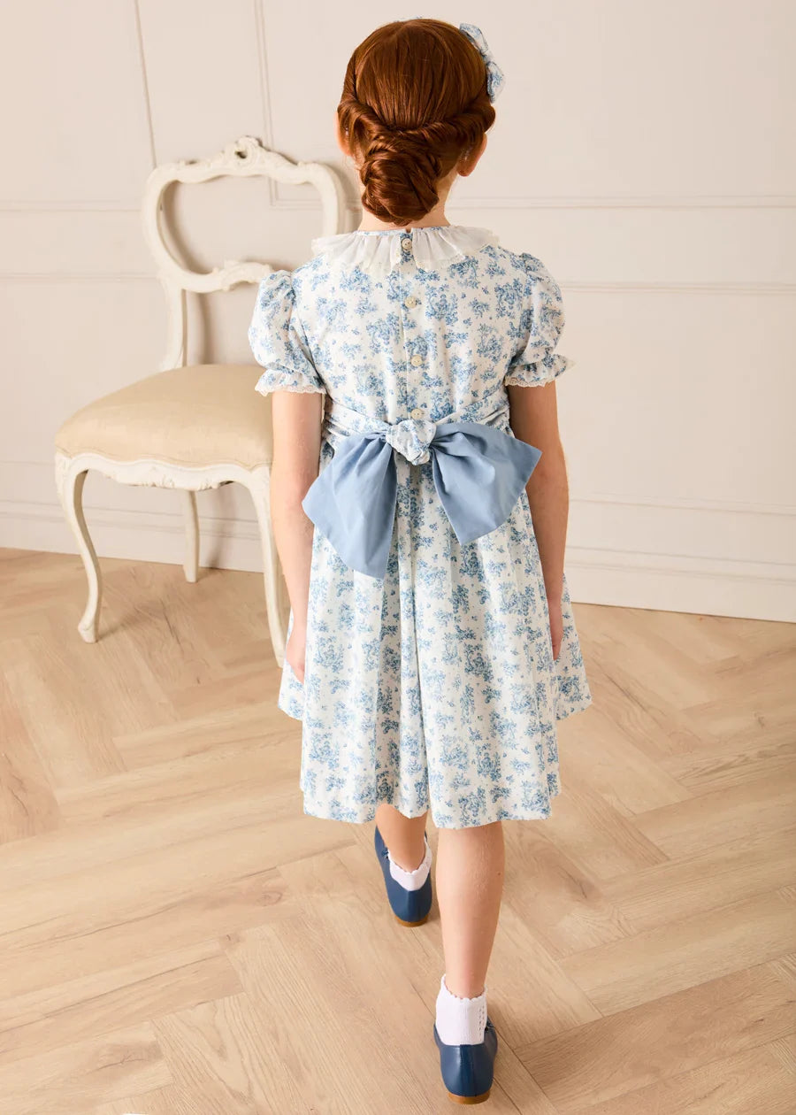 Audrey Toile Hand Smocked Ruffle Collar Short Sleeve Dress in Blue (12mths- 10yrs) DRESSES from Pepa London US